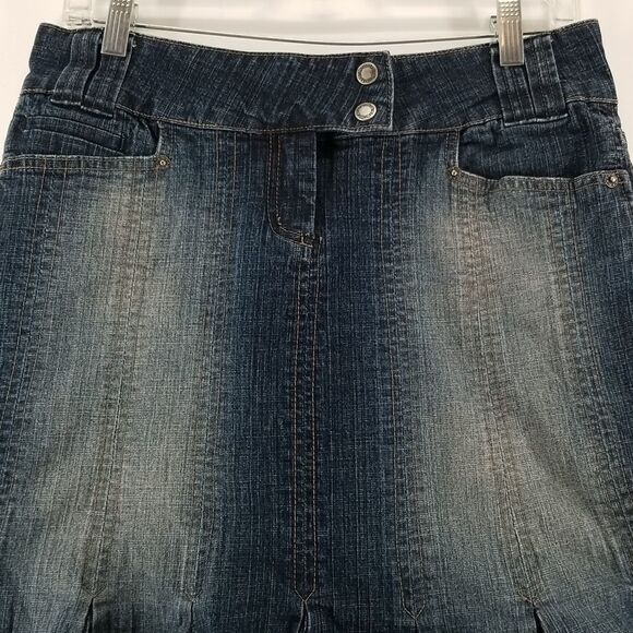 Moto Skirt Womens Size 12 Jean Blue Denim Pleated Button Zip Closure Pockets - Picture 2 of 9